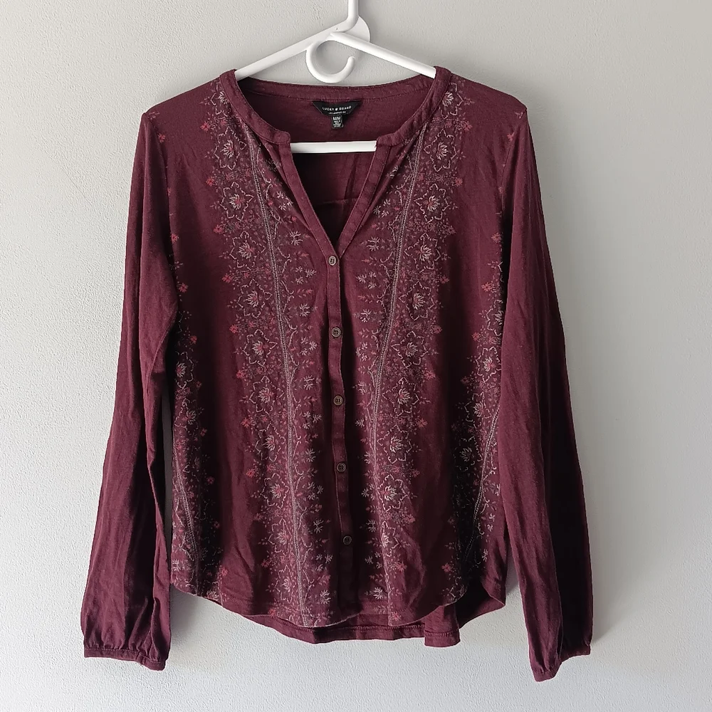 Lucky Brand Long-Sleeved Cotton Blend V-Neck Shirt Floral Purple White Medium - Picture 13 of 14